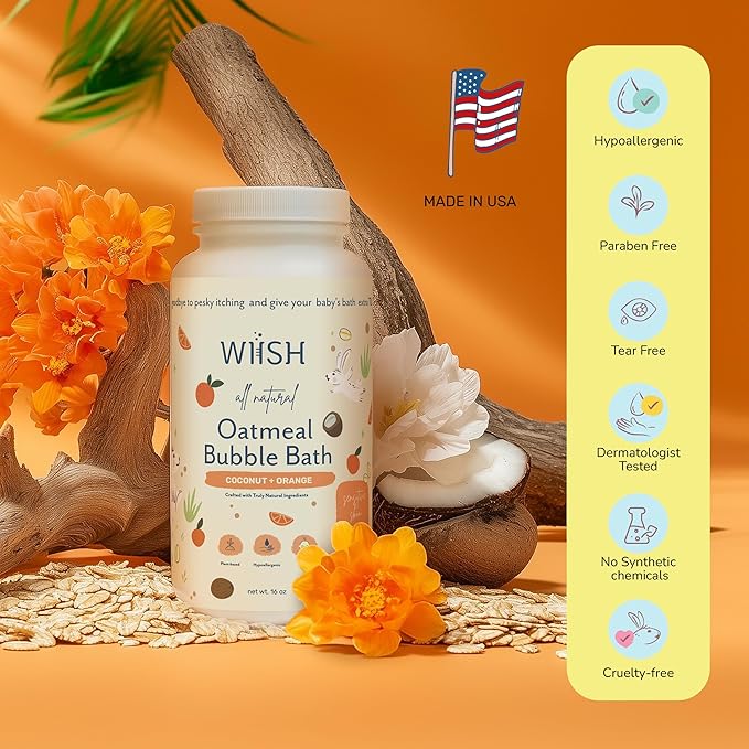 WIISH Baby Oatmeal Bubble Bath - Baby Bubble Bath for Sensitive Skin with 30% Colloidal Oatmeal | Orange + Coconut | Healing Ingredient, Soothing Itchiness, Rashes, Dryness 32 oz (520g)