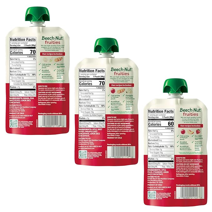 Beech-Nut Stage 2 Baby Food Pouches Variety Pack, Fruit Purees for Babies, Non-GMO, Dairy-Free, 3.5 oz (18 Pack)