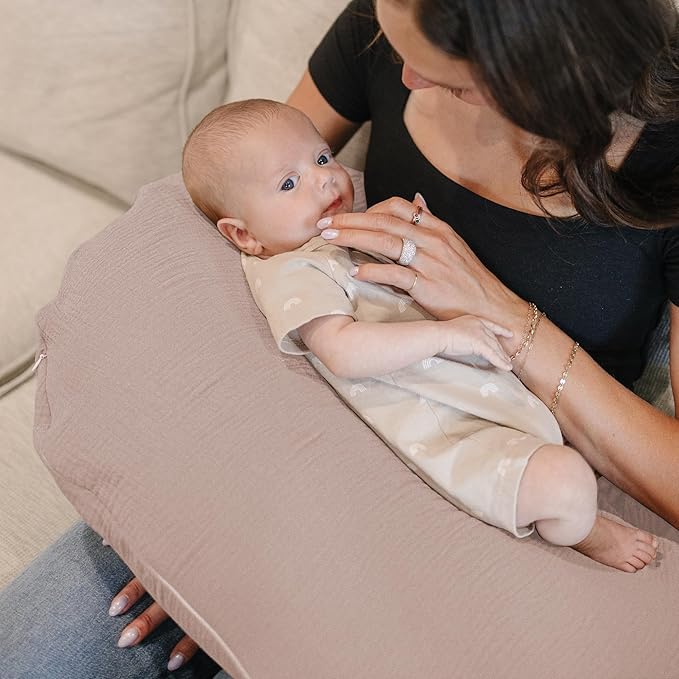 Konssy 2-Pack Muslin Nursing Pillow Covers, Soft & Adorable Nursing Covers for Breastfeeding Pillows, Slipcovers for Newborn Boys & Girls(Soft Blooms,Taupe)