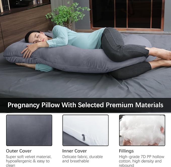 MOON PARK Pregnancy Pillows for Sleeping - U Shaped Full Body Maternity Pillow with Removable Cover - Support for Back, Legs, Belly, HIPS - 65 Inch - Dark Grey