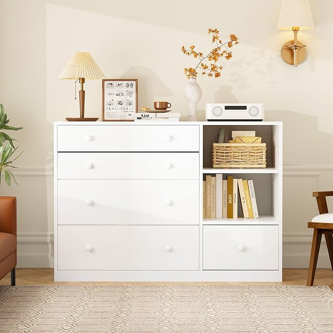 Lovinouse 47" Baby Nursery Dreser Diaper Changing Table Furniture with 5 Drawers and 2 Shelves, Dresser for Baby Nursery with Storage & Removable Changing Top Station,Bedroom,Children's Room, White