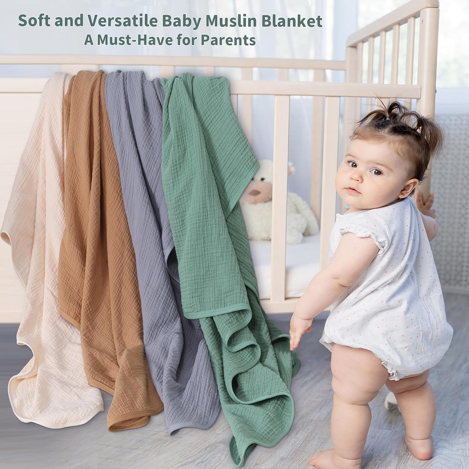 Muslin Swaddle Blankets for Newborn, 2 Pack Breathable Soft Receiving Blanket, Large 41 x 41 inches Swaddle Wrap Burping Clothes, Essentials Infant Shower Items. (Gray & Green)