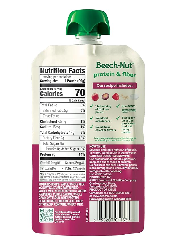 Beech-Nut Baby & Toddler Food Pouches with Protein and Fiber, Apple Yogurt Raspberry Purple Carrot & Oat Puree, 3.5 oz (12 Pack)