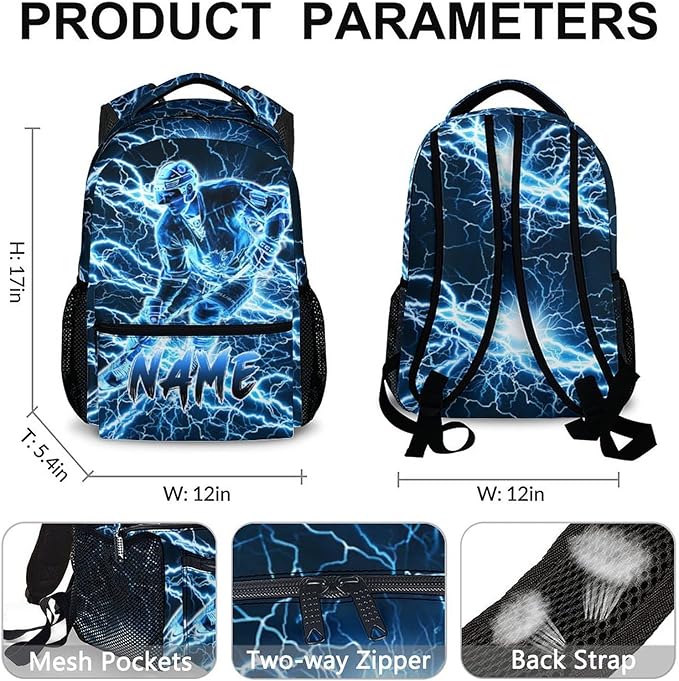 Personalized School Backpack for Kids Boys - 17 Inch Custom Ice Hockey Backpacks with Name for Kids Kindergarten Primary Senior Middle - Cool Durable Lightning Bookbag