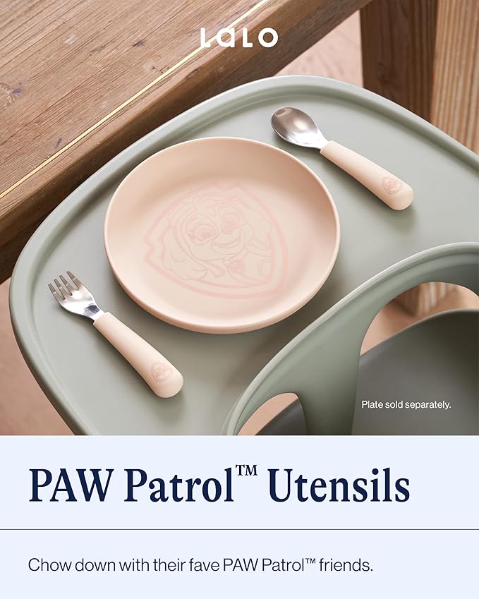 Lalo PAW Patrol Utensils - Toddler Fork and Spoon Set - Stainless Steel and Silicone Ergonomic Toddler Utensils - Children Safe Flatware Set - 2 Pieces - Skye