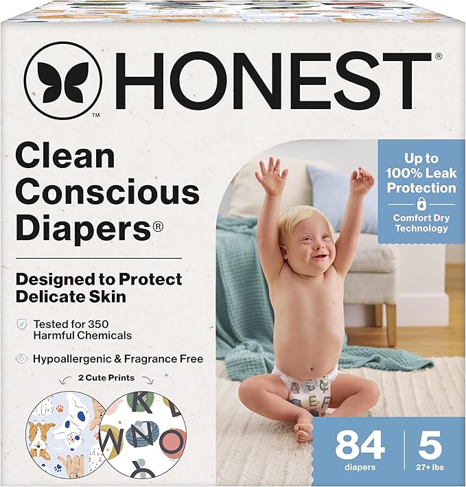 The Honest Company Clean Conscious Diapers for Delicate Skin | Up to 100% Leakproof | Hypoallergenic, Fragrance Free | Gender Neutral | Super Club Box, Size 5 (27+ lbs), 84 Count (Prints May Vary)