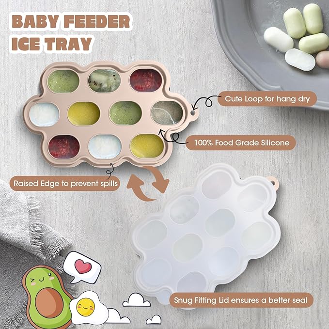 Baby Fruit Food Feeder & Breastmilk Popsicle Molds for Teething Relief, Baby Feeding Sets, 1 Freezer Tray with Lid & 1 Teether Toy & 1 Silicone Teething Pacifier Feeder, Extra Food Pouches (Beige)