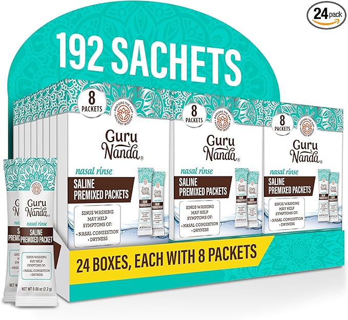 GuruNanda PreMixed Saline Packets for Nasal Rinse (192 Count), All Natural Sinus Rinse Packets to Help with Allergies & Congestion Relief, 0.08oz Each