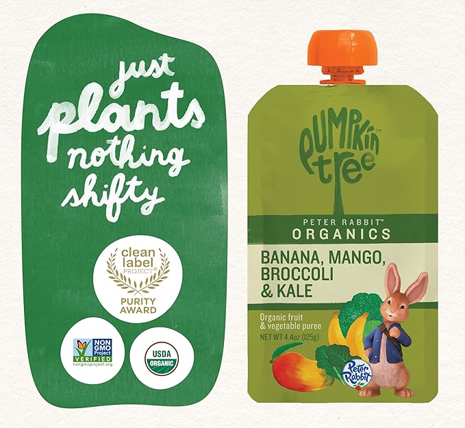 Pumpkin Tree Peter Rabbit Organics, Banana, Mango, and Kale, 4 Squeeze Pouch, Mango, Broccoli & Kale, 4.4 Ounce (Pack of 10)