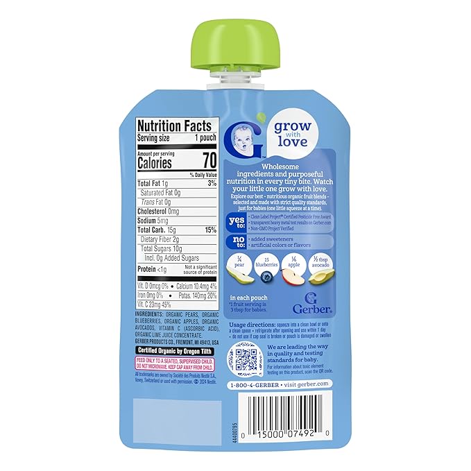 Gerber Stage 2 Baby Food, Organic Pear Blueberry Apple Avocado Puree Pouch, Organic Baby Food Pouches, No Added Sweetener, No Artificial Colors or Flavors, 12-Pack
