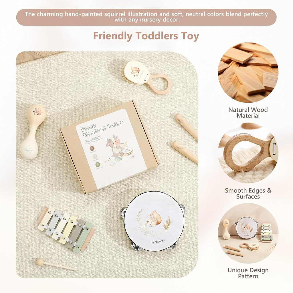 Baby Wooden Montessori Musical Instruments Set for Toddlers - Neutral Colors Percussion Set With Modern Boho Xylophone Tambourine - Educational Toys for Preschool Kids