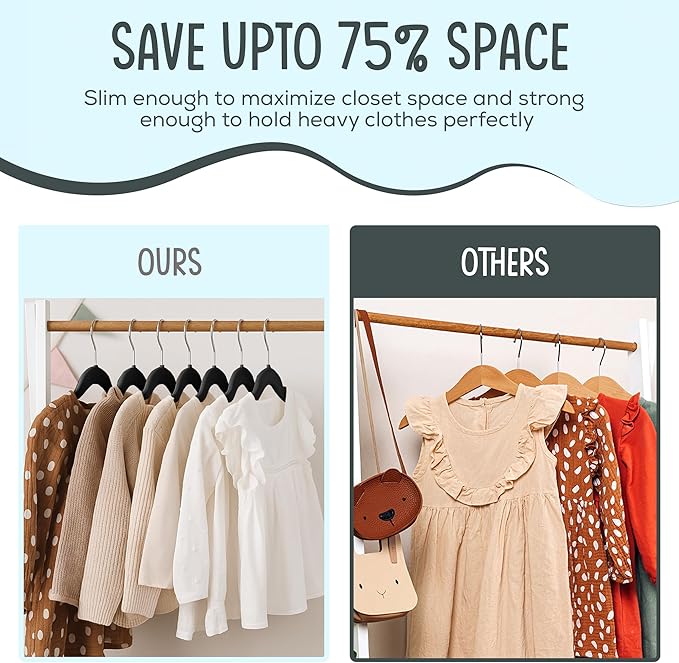 25 Premium Kids Velvet Hangers - 14" Non-Slip Clothes Hangers for Kids & Preteens - Ultra Slim, Space-Saving, Strong & Durable Hangers with 360° Swivel Hook - Black