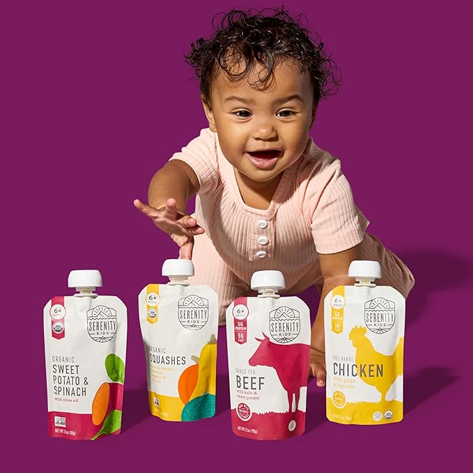 Serenity Kids 6+ Months Baby Food Pouches Puree Made with Ethically Sourced Meats & Organic Veggies - No Sugary Fruits or Added Sugar - 3.5 Oz BPA & Allergen Free Pouch- Baby Puree Variety Pack