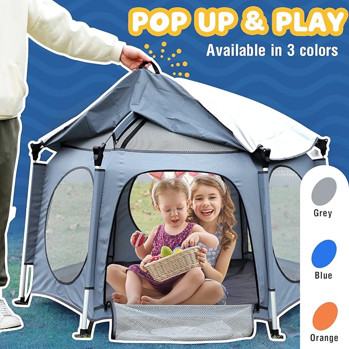 PRObebi Portable Pop Up Playpen for Babies and Toddlers - Grey Lightweight Outdoor Play Yard with Three Sun-Shade - Beach and Indoor Use with Travel Bag
