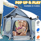 PRObebi Portable Pop Up Playpen for Babies and Toddlers - Grey Lightweight Outdoor Play Yard with Three Sun-Shade - Beach and Indoor Use with Travel Bag