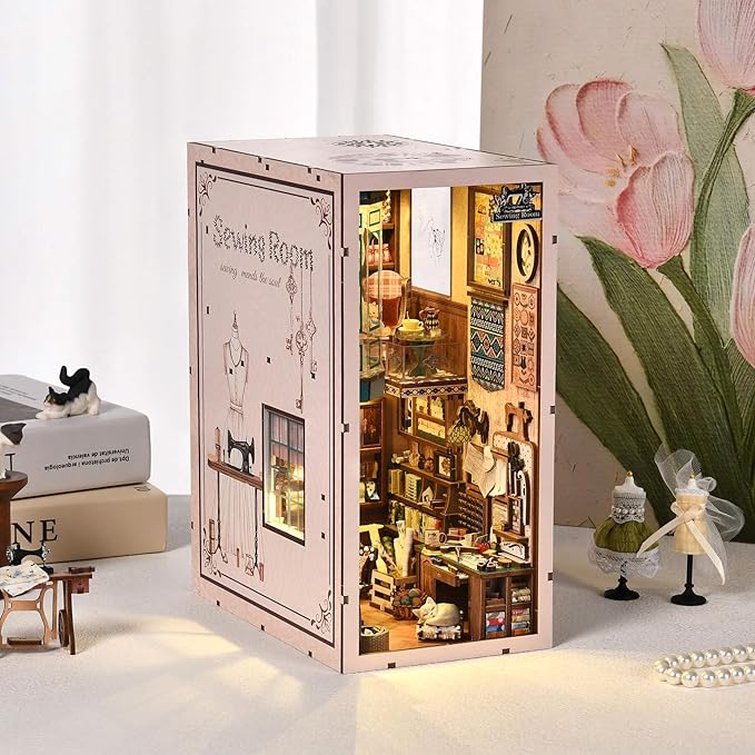 Book Nook Kit - Sewing Room DIY Miniature House Dollhouse Kit for Adults and Teens, Booknook Tiny House Bookshelf Decor 3D Wooden Puzzle, Gifts for Family and Friends