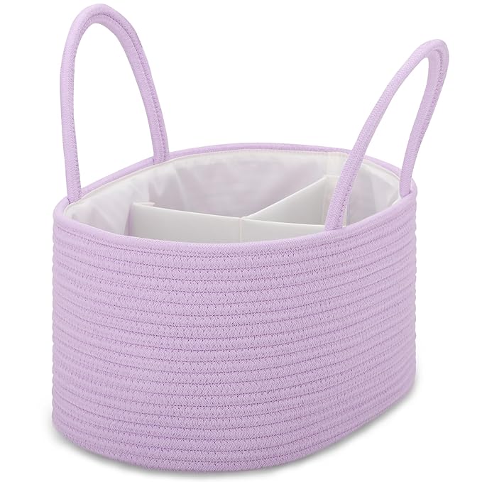 COMSE Large Baby Diaper Caddy Organizer for Girl Boy, Car Caddy with Handles, Cotton Rope Basket for Changing Table, Nursery Organizer, Gift for Baby Shower and Registry Must Have, Purple