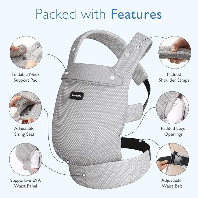 Momcozy Breathable Mesh Baby Carrier, Ergonomic and Lightweight Infant Carrier for 3-24 Months with Enhanced Lumbar Support, All Day Comfort for Hands-Free Parenting, Air Mesh-Grey
