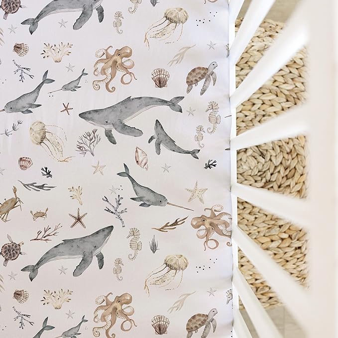 Crib Sheets Neutral - Fitted Baby Crib Sheets Bed for Girl Boy - 2 Pack Standard & Toddler Mattress (Ocean Odyssey) - Buttery Soft Organic Cotton Blend