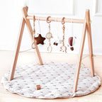Wooden Baby Play Gym with Mat, Foldable Baby Play Gym Frame Activity Gym Hanging Bar with 6 Gym Baby Toys Rainbow Playmats for Newborn Baby (Natural)