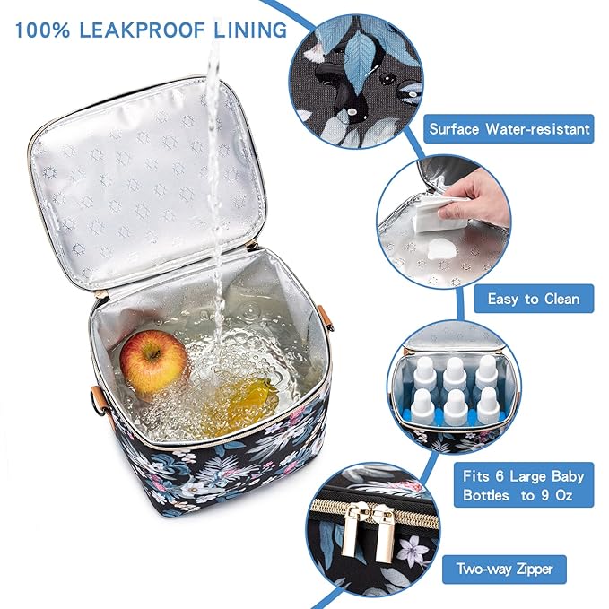 Breastmilk Cooler Bag with Ice Pack Fits 6 Baby Bottles Up to 9 Ounce, Baby Bottle Bag with Shoulder Strap for Nursing Mom Daycare, Floral