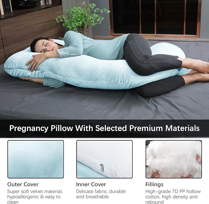MOON PARK Pregnancy Pillows for Sleeping - U Shaped Full Body Maternity Pillow with Removable Cover - Support for Back, Legs, Belly, HIPS - 65 Inch - Aquamarine
