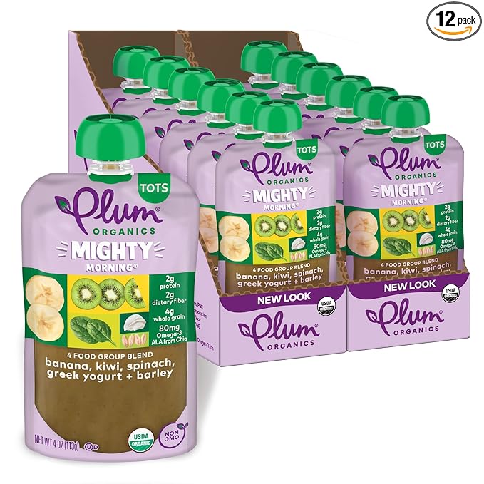 Plum Organics Mighty Morning Organic Toddler Food - Banana, Kiwi, Spinach, Greek Yogurt, and Barley - 4 oz Pouch (Pack of 12) - Organic Fruit and Vegetable Toddler Food Pouch