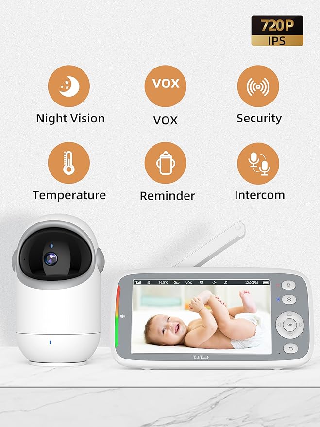 TakTark Baby Monitor, 5" 720P HD Baby Camera with IPS Screen, Remote Pan & Tilt, 2 Way Audio, Night Vision, Digital Zoom, VOX Sound Detection, Ideal for New Parent