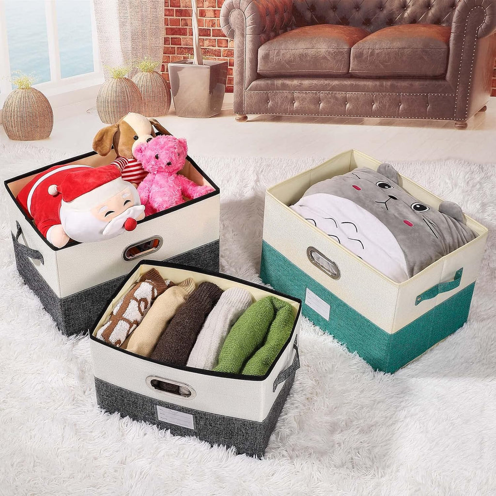 Large Linen Fabric Foldable Storage Bins with Removable Lid and Handles, Washable Storage Box Organizer Containers Baskets Cube with Cover for Bedroom,Closet,Office(Coffee&Cream, Large)