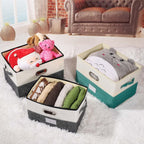 Large Linen Fabric Foldable Storage Bins with Removable Lid and Handles, Washable Storage Box Organizer Containers Baskets Cube with Cover for Bedroom,Office (Grey&Cream, Medium(2-Pack))