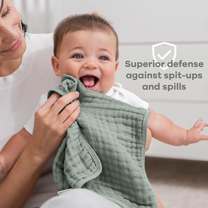 Comfy Cubs Muslin Burp Cloths 20" x 10", Pack of 10 - Large, 6-Layer, Ultra Absorbent 100% Cotton for Baby Drool and Messes - Soft, Safe & Gentle Baby Burp Cloths for Boys & Girls - Fern