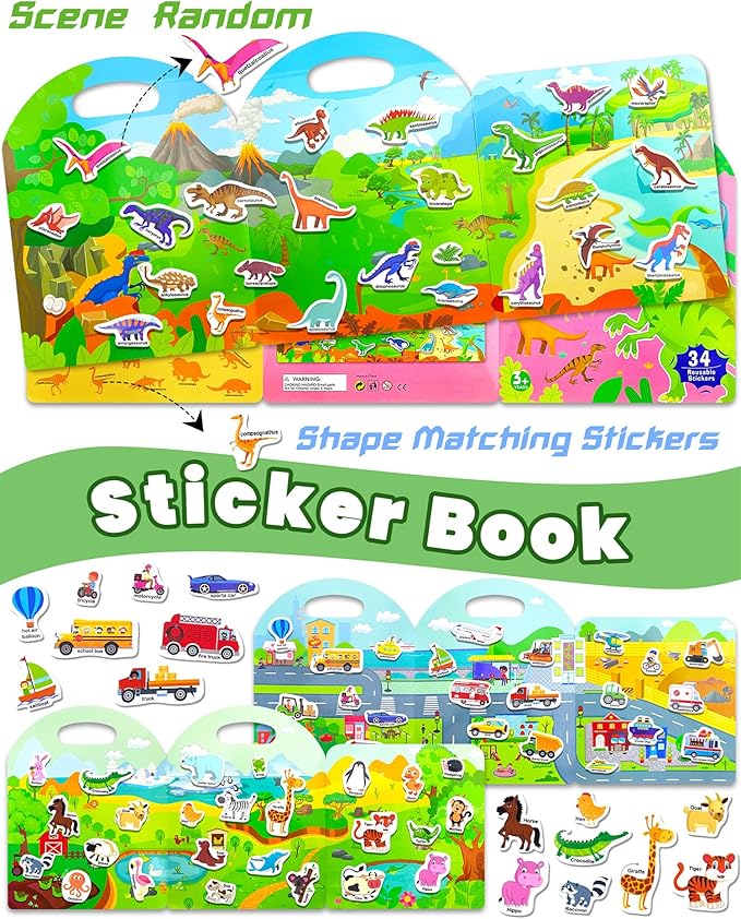 Reusable Sticker Book for Toddlers 2-4 Years, Stickers for Kids, Toddler Sticker Book Ages 1-3, Toddler Craft Activities, Toddlers Travel Toys Ages 2+ Boy Girl Birthday Gifts