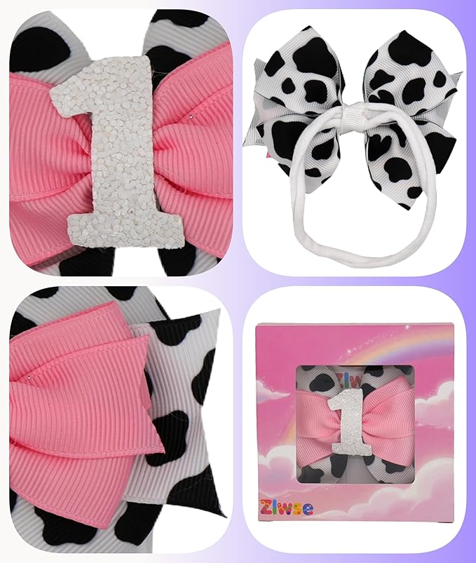 Birthday Hair Bow for Baby Girls 1 2 3 4 5 6 Years Sprinkle Decorations Party Hair Accessories Headband for First 1st Birthday Cow Print Cowgirl