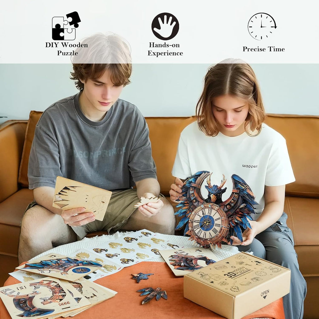 3D Puzzles for Adults Clock-Thunderbird Design Model Kit-Mechanical DIY Pendulum Clock with Roman Numerals-Desk Home Office Decor Personalized Gift for DIY Lovers