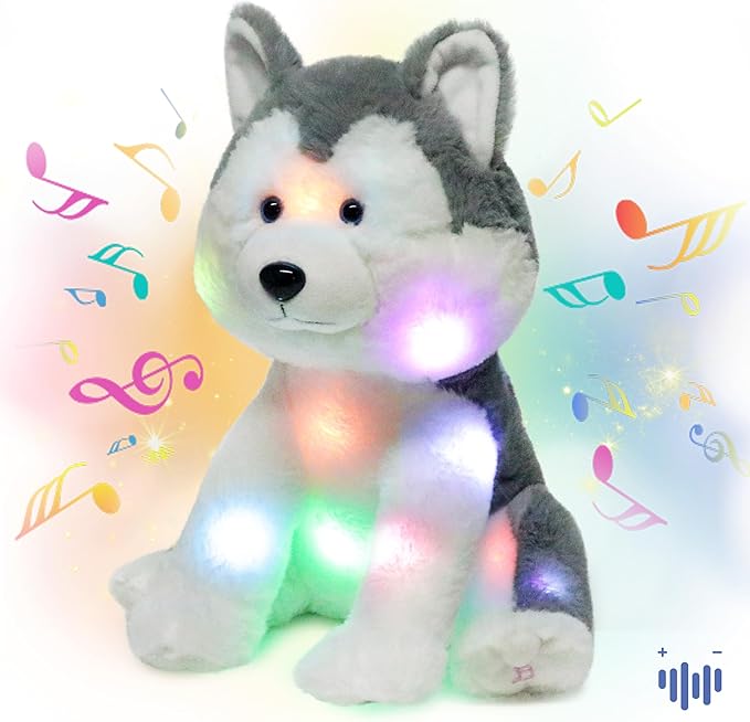 Hopearl LED Musical Stuffed Husky Lighting Up Singing Plush Dog Adjustable Volume Lullaby Animated Soothe Birthday Festival for Kids Toddler Girls, Gray, 12''