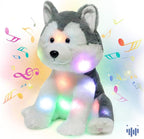 Hopearl LED Musical Stuffed Husky Lighting Up Singing Plush Dog Adjustable Volume Lullaby Animated Soothe Birthday Festival for Kids Toddler Girls, Gray, 12''