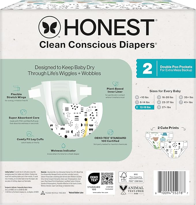 The Honest Company Clean Conscious Diapers for Delicate Skin | Up to 100% Leakproof | Hypoallergenic, Fragrance Free | Gender Neutral | Club Box, Size 2 (12-18 lbs), 72 Count (Prints May Vary)
