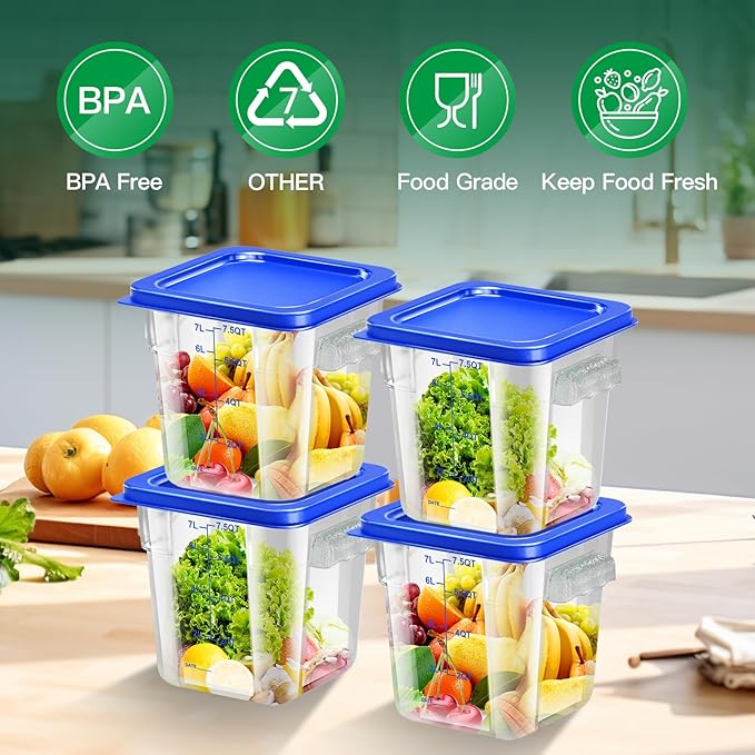 4 pcs 8qt Food Storage Containers with Lid, Square Clear Commercial Food Storage Containers with Handle and Scale for Food Storage in Home Kitchen & Dining (Blue)
