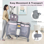 BABY JOY 5 in 1 Pack and Play, Portable Baby Playard w/Bassinet & Diaper Changing Table, Infant Pink Bassinet Crib with Toys & Music & Oxford Bag for Baby Girl Toddlers (Pink + Purple, Classic)