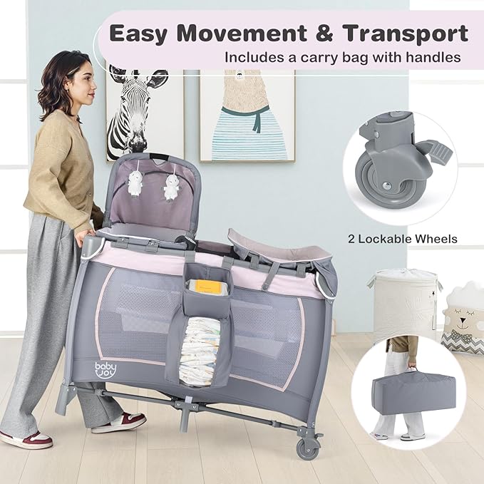 BABY JOY 5 in 1 Pack and Play, Portable Baby Playard w/Bassinet & Diaper Changing Table, Infant Pink Bassinet Crib with Toys & Music & Oxford Bag for Baby Girl Toddlers (Pink + Purple, Classic)