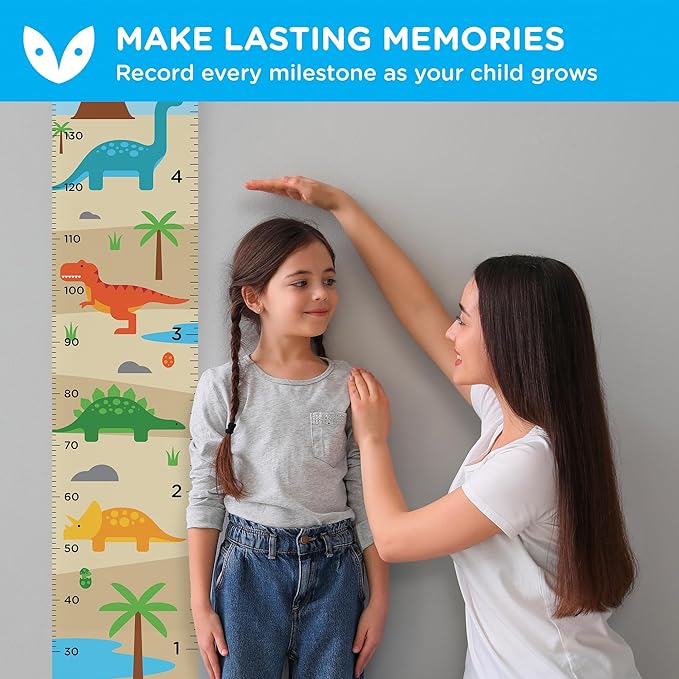 WISE OWL Personalized Growth Chart for Kids - Height Wall Chart for Boys with Peel & Stick Letters for Name - Hanging Canvas Wall Measurement Height Tracker for Baby Gift (Dinosaurs)