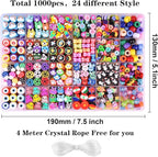 1000PCS Polymer Clay Beads Bracelet Making kit, 24 Style Cute Fun Beads Flower Animal Rainbow Eye Charms for Jewelry Necklace Earring Making DIY Accessories for Women Girls