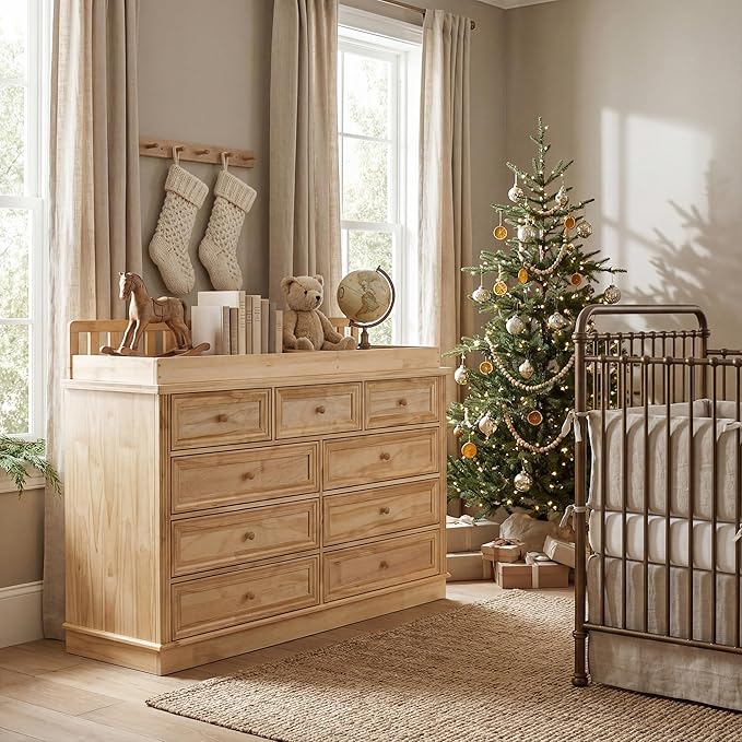 Homsee Baby Changing Table Dresser, 100% Solid Wood Infant Diaper Changing Station Combo, 9-Drawer Baby Nursery Dresser with Removable Tray for Children's Room Bedroom, Nature Color