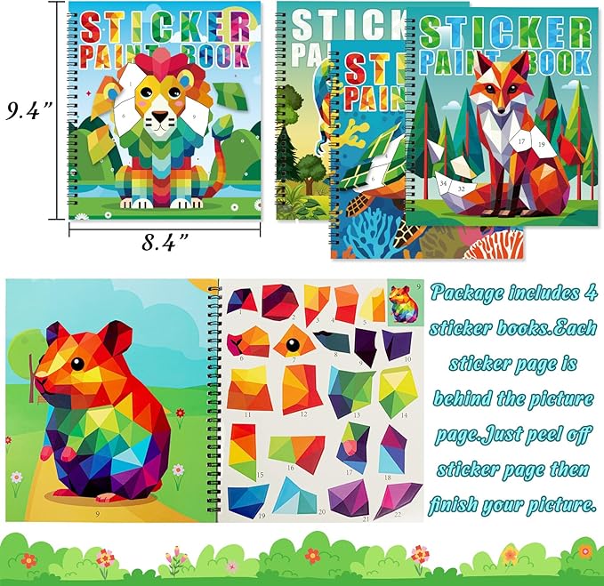 90shine 4PCS Crafts for Kids Ages 4-8 Sticker Paint Books Includes Dinosaur Marine Land Animals Multicolored Design Gifts Create 40 Pictures