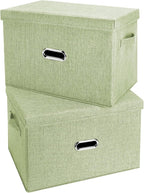 Large Linen Fabric Foldable Storage Bins with Removable Lid and Handles, Washable Storage Box Organizer Containers Baskets Cube with Cover for Bedroom,Office (Green, Extra Large(2-Pack))