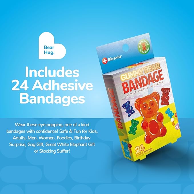 BioSwiss Bandages, Gummy Bear Shaped Self Adhesive Bandage, Latex Free Sterile Wound Care, Fun First Aid Kit Supplies for Kids, 24 Count