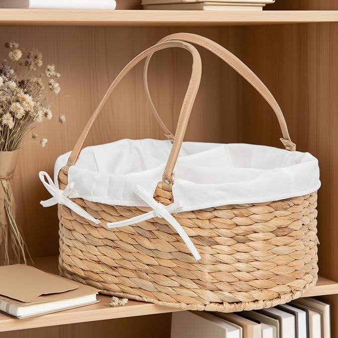 Handwoven Wicker Diaper Caddy Organizer, Multi - functional Baby Diaper Bag for Nursery & Home Storage, Detachable Lining, PU Handles, Baby Registry Must Haves (Water hyacinth)