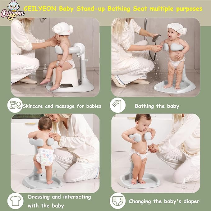Baby Bath Stand,Foldable & Adjustable 5 Levels Infant Bath Seat,Upgraded Bath Shower Standing Support for Babies 6 Months & up,Non-Slip|Easy to Clean|Convenient for Travel,No Assembly Need(Grey)