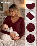 Huukeay 3 Pack Women's Long Sleeve Nursing Tops, Breastfeeding Hidden Zippers Shirts V Neck Maternity Pregnancy Tees Clothes