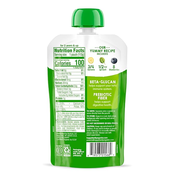 HAPPYTOT Organics Stage 4 Baby Food Pouches, Gluten Free, Vegan Snack, Super Bellies, Fruit & Veggie Puree, Banana, Spinach & Blueberries 4 Ounce (Pack of 16)